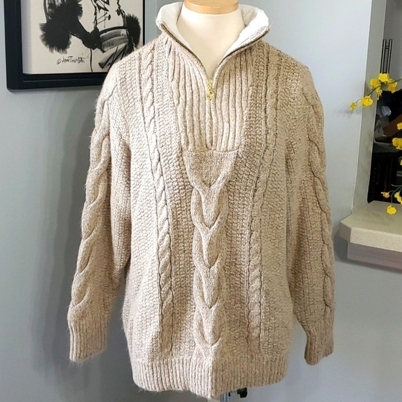 Adrienne Vittadini cable knit sweater. XXL, 10" Henley zipper tan/gray Excellent - Picture 1 of 13